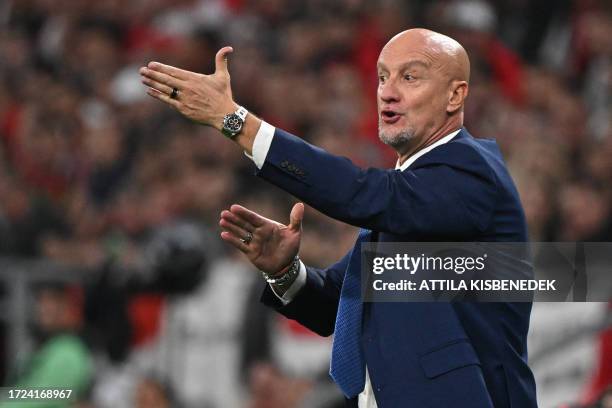 Hungary's Italian coach Marco Rossi reacts from the sidelines during the UEFA Euro 2024 Group G qualification football match Hungary v Serbia at the...