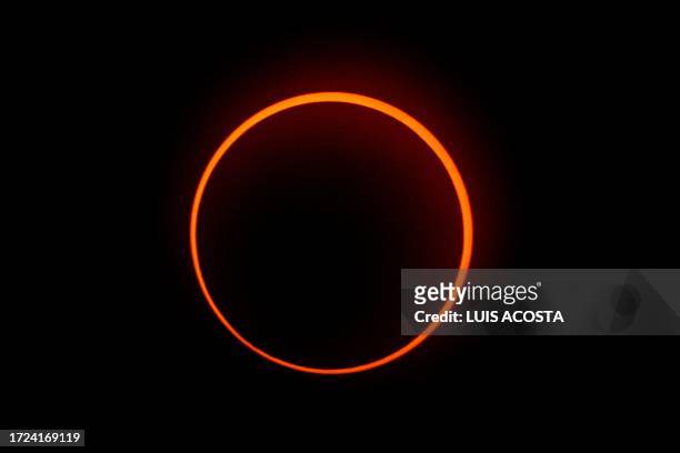 The "Ring of Fire" effect caused during the annular solar eclipse is seen from Penonome, Panama, on October 14, 2023.