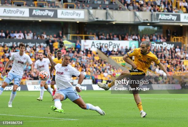 Rayan Ait-Nouri of Wolverhampton Wanderers shoots during the Premier League match between Wolverhampton Wanderers and Aston Villa at Molineux on...