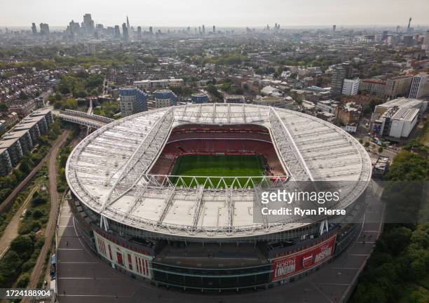 An aerial view of Emirates Stadium ahead of the Premier League match between Arsenal FC and Manchester City at Emirates Stadium on October 08, 2023...