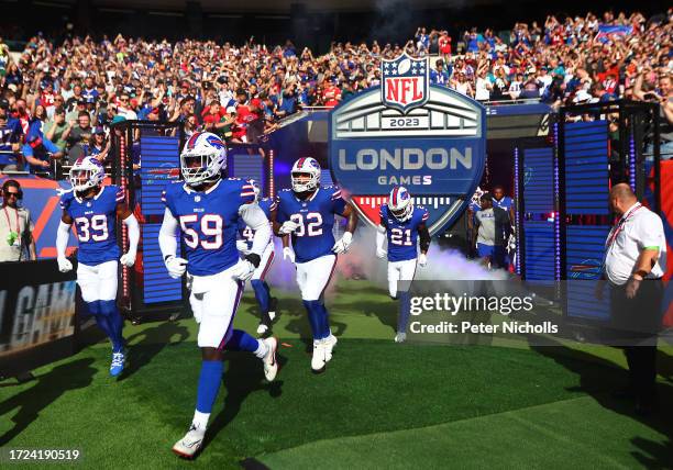 Buffalo Bills players enter the field prior to the NFL Match between Jacksonville Jaguars and Buffalo Bills at Tottenham Hotspur Stadium on October...