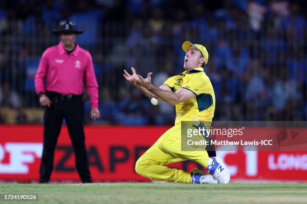 Mitch Marsh of Australia drops a catch from Virat Kohli of India during the ICC Men's Cricket World Cup India 2023 between India and Australia at MA...