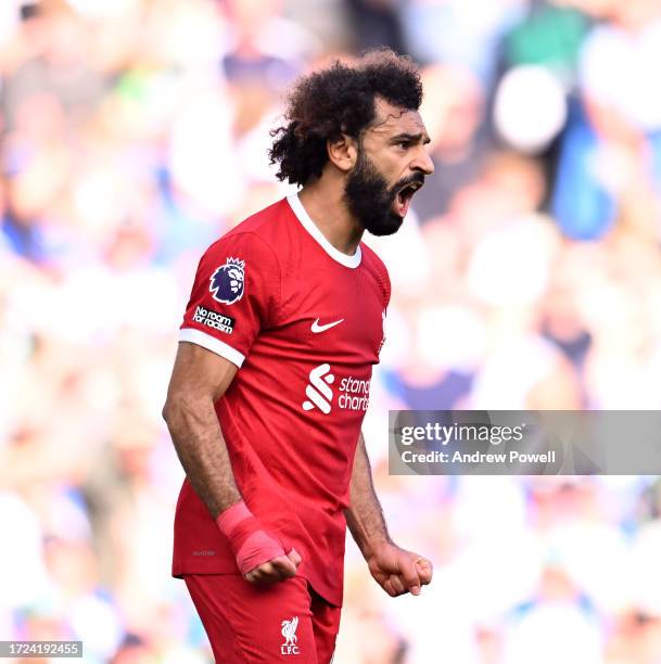 Mohamed Salah of Liverpool celebrates after scoring the equalising goal during the Premier League match between Brighton & Hove Albion and Liverpool...