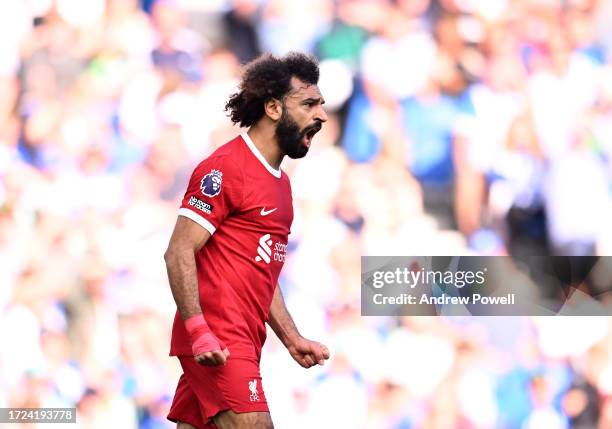 Mohamed Salah of Liverpool celebrates after scoring the equalising goal during the Premier League match between Brighton & Hove Albion and Liverpool...