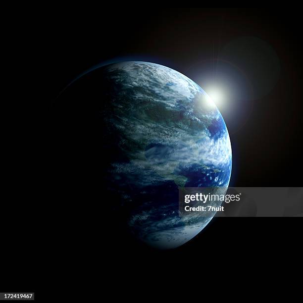 3d view of earth from space with moon glowing behind - rotate stock pictures, royalty-free photos & images