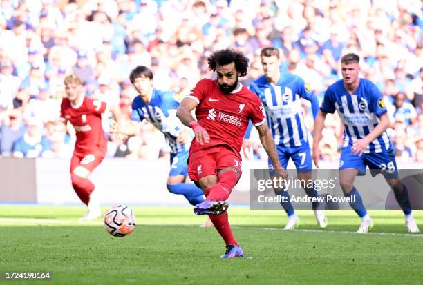 Mohamed Salah of Liverpool scoring the second goal making the score 1-2 during the Premier League match between Brighton & Hove Albion and Liverpool...