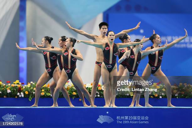 Team of Thailand perfoms during the team free routine artistic swimming competition during day 15 of the 2022 Asian Games at Hangzhou Olympic Sports...