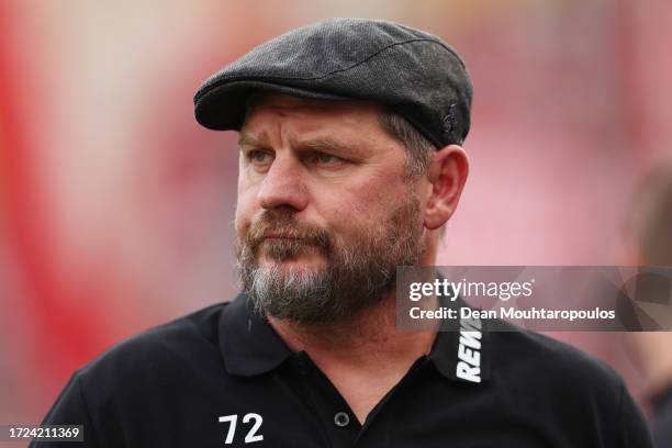 Steffen Baumgart, Head Coach of 1.FC Köln, looks on prior to the Bundesliga match between Bayer 04 Leverkusen and 1. FC Köln at BayArena on October...