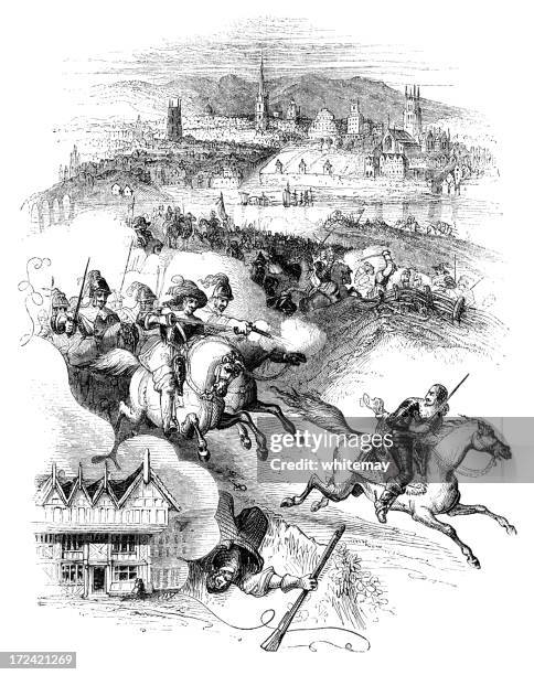 stockillustraties, clipart, cartoons en iconen met charles ii's escape after the battle of worcester (victorian woodcut) - battlefield