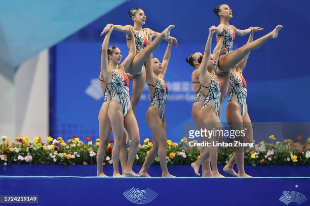 Team of Singapore perfoms during the team free routine artistic swimming competition during day 15 of the 2022 Asian Games at Hangzhou Olympic Sports...