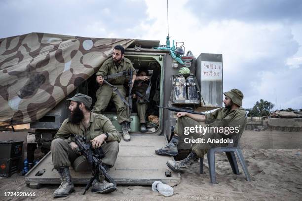 View of an Israeli military camp as Israel continues to deploy soldiers, tanks and armored vehicles near the Gaza border in Kibbutz Bar'am, Israel on...