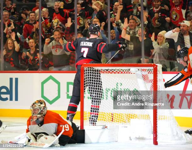 Brady Tkachuk of the Ottawa Senators celebrates his third period goal against Carter Hart of the Philadelphia Flyers at Canadian Tire Centre on...
