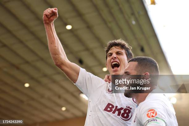Pau Torres of Aston Villa celebrates after scoring their sides first goal during the Premier League match between Wolverhampton Wanderers and Aston...