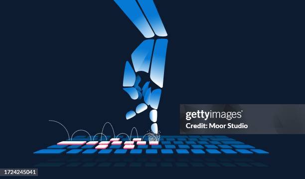 robotic hand playing hopscotch on a keyboard vector illustration - machinery stock illustrations