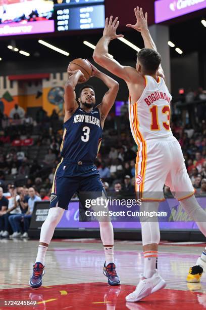 McCollum of the New Orleans Pelicans shoots the ball during the game against the Atlanta Hawks on October 14, 2023 at Gateway Center Arena in College...