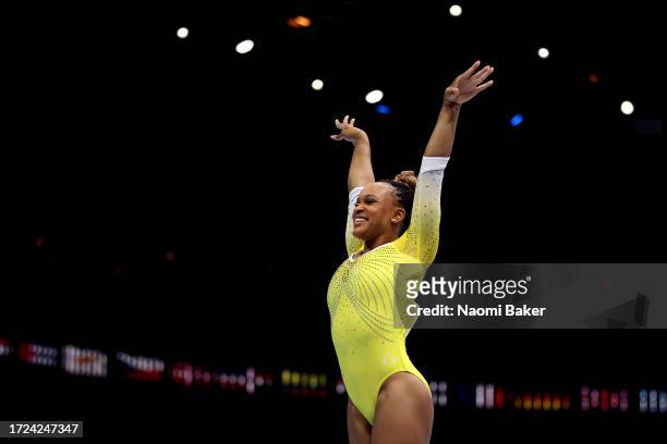 Rebeca Andrade of Team Brazil reacts after competing on Beam during the Women's Apparatus Finals on Day Nine of the 2023 Artistic Gymnastics World...