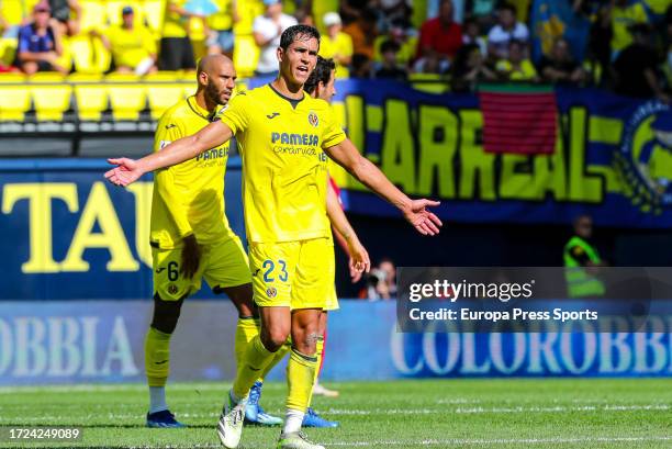 Aissa Mandi of Villarreal gestures during the spanish league, La Liga EA Sports, football match played between Villarreal CF and UD Las Palmas at...