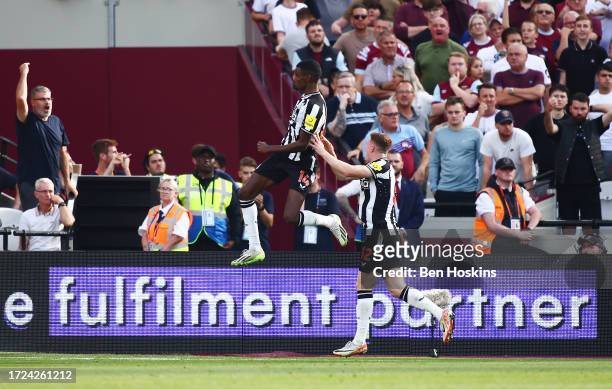 Alexander Isak of Newcastle United celebrates after scoring their sides second goal during the Premier League match between West Ham United and...
