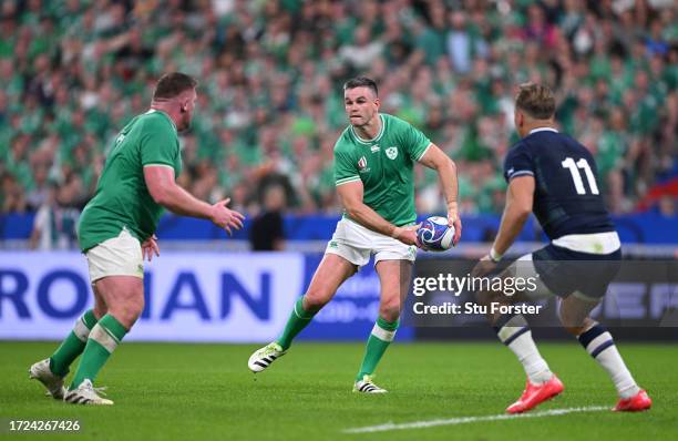 Ireland fly half Johnny Sexton in action during the national anthem during the Rugby World Cup France 2023 match between Ireland and Scotland at...