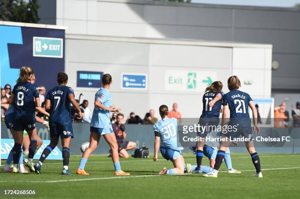 Guro Reiten of Chelsea scores her team's first goal during the Barclays Women´s Super League match between Manchester City Women and Chelsea FC Women...