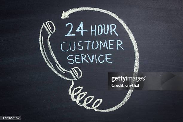 twenty four hour customer service concept on blackboard - office facing camera stock illustrations