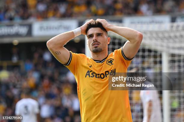 Pedro Neto of Wolverhampton Wanderers reacts after missing a chance during the Premier League match between Wolverhampton Wanderers and Aston Villa...