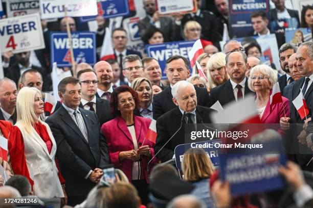 The leader of the right-wing Law and Justice party, Jaroslaw Kaczynski delivers a speech during a campaign convention at the G2A Arena on October 08,...