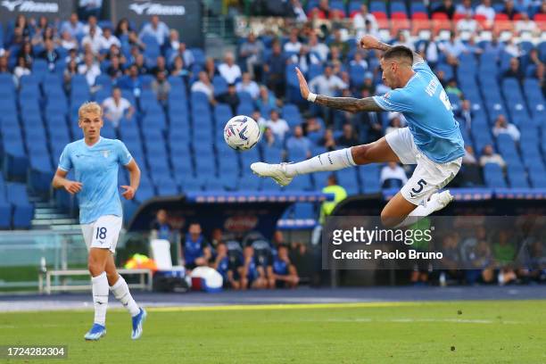 Matias Vecino of SS Lazio scores their sides third goal during the Serie A TIM match between SS Lazio and Atalanta BC at Stadio Olimpico on October...