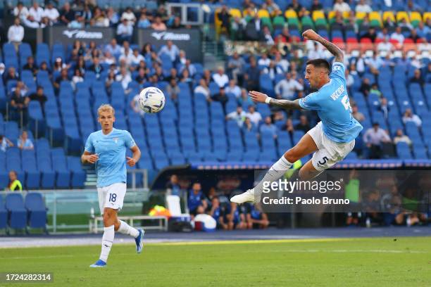 Matias Vecino of SS Lazio scores their sides third goal during the Serie A TIM match between SS Lazio and Atalanta BC at Stadio Olimpico on October...