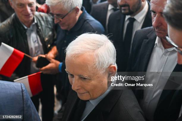 The leader of the right-wing Law and Justice party, Jaroslaw Kaczynski exits after delivering a speech during a campaign convention at the G2A Arena...