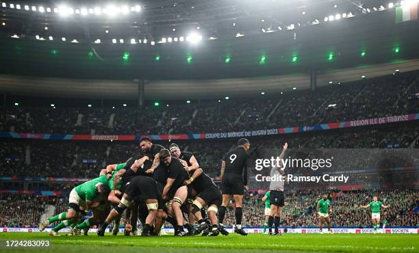 Paris , France - 14 October 2023; Referee Wayne Barnes awards a scrum penalty to New Zealand during the 2023 Rugby World Cup quarter-final match...