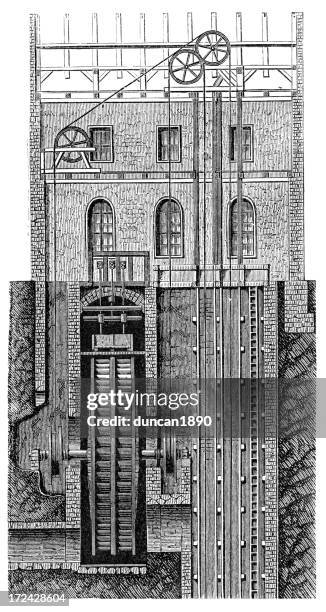 19th century mine windlass - old elevator stock illustrations