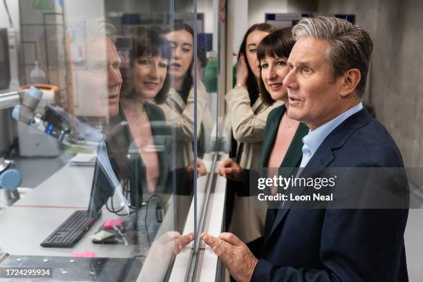 Leader of the Labour Party Keir Starmer and Shadow Chancellor Rachel Reeves view a laboratory during a visit to the Materials Innovation Factory on...