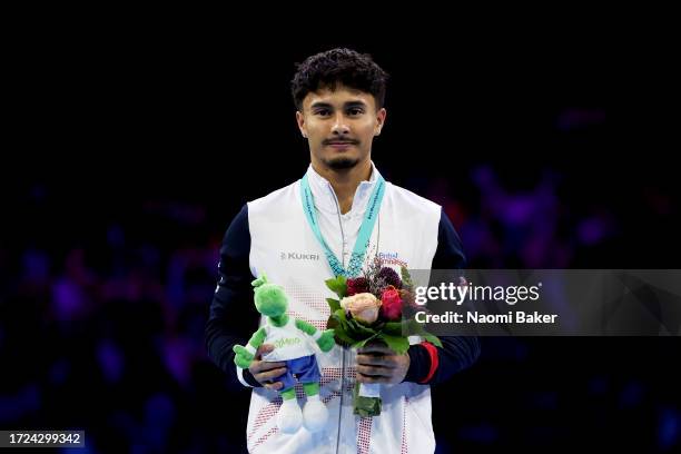 Jake Jarman of Team Great Britain poses for a photo with his gold medal on Vault in the Men's Apparatus Finals on Day Nine of the 2023 Artistic...