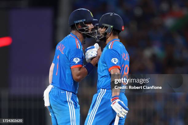 Virat Kohli and KL Rahul of India interact during the ICC Men's Cricket World Cup India 2023 between India and Australia at MA Chidambaram Stadium on...