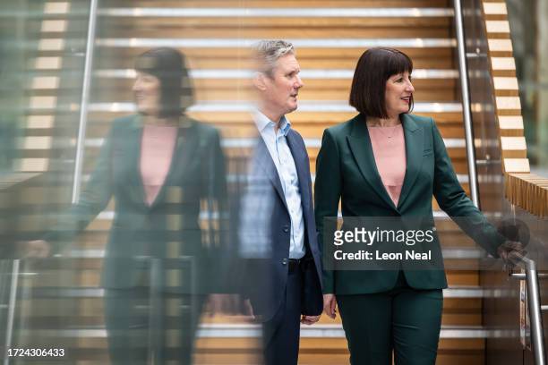 Leader of the Labour Party Keir Starmer and Shadow Chancellor Rachel Reeves view the facility during a visit to the Materials Innovation Factory on...