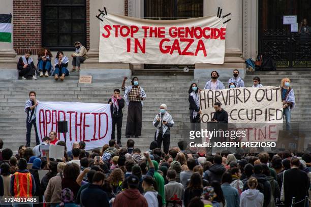 Supporters of Palestine gather at Harvard University to show their support for Palestinians in Gaza at a rally in Cambridge, Massachusetts, on...