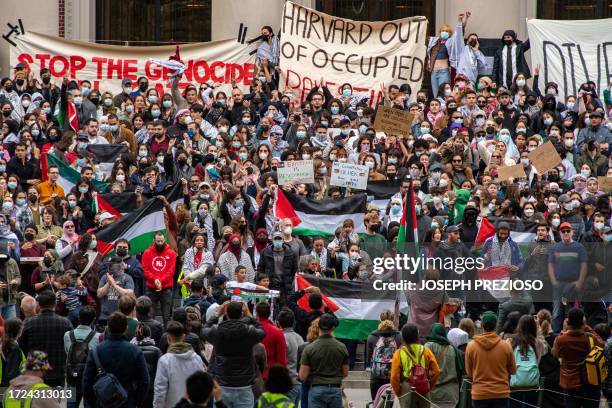 Supporters of Palestine gather at Harvard University to show their support for Palestinians in Gaza at a rally in Cambridge, Massachusetts, on...