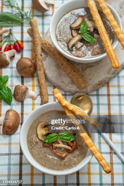 creamy mushroom soup in a bowl - velouté sauce stock pictures, royalty-free photos & images