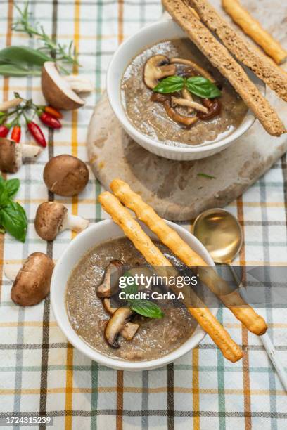 creamy mushroom soup in a bowl - velouté sauce stock pictures, royalty-free photos & images