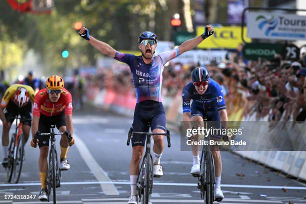 Riley Sheehan of The United States and Team Israel - Premier Tech celebrates at finish line as race winner ahead of Lewis Askey of The United Kingdom...