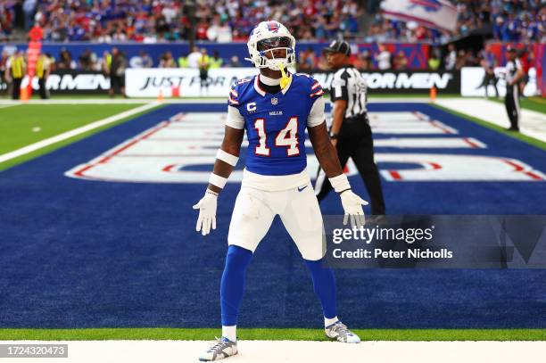 Stefon Diggs of the Buffalo Bills celebrates after scoring a touchdown in the second Quarter during the NFL Match between Jacksonville Jaguars and...