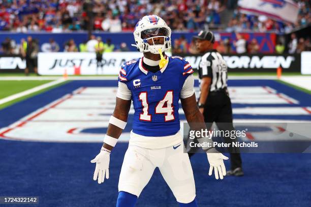 Stefon Diggs of the Buffalo Bills celebrates after scoring a touchdown in the second Quarter during the NFL Match between Jacksonville Jaguars and...