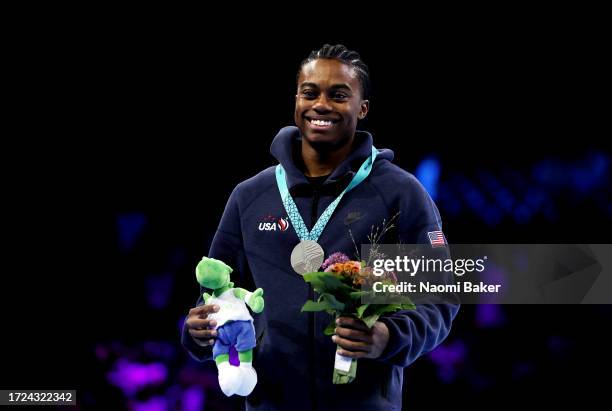 Khoi Young of Team United States poses for a photo with his silver medal on Vault in the Men's Apparatus Finals on Day Nine of the 2023 Artistic...