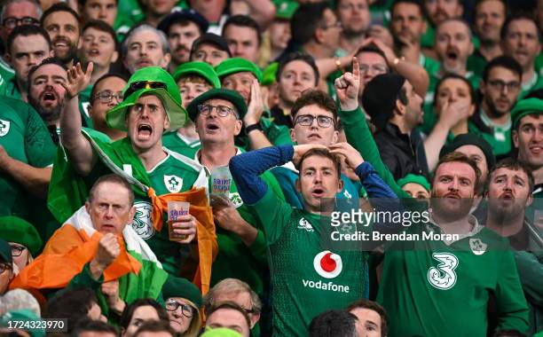 Paris , France - 14 October 2023; Ireland supporters react during the 2023 Rugby World Cup quarter-final match between Ireland and New Zealand at the...