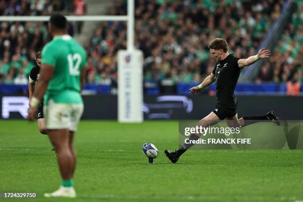 New Zealand's inside centre Jordie Barrett shoots a penalty kick during the France 2023 Rugby World Cup quarter-final match between Ireland and New...