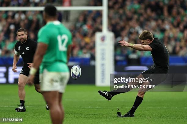 New Zealand's inside centre Jordie Barrett shoots during the France 2023 Rugby World Cup quarter-final match between Ireland and New Zealand at the...