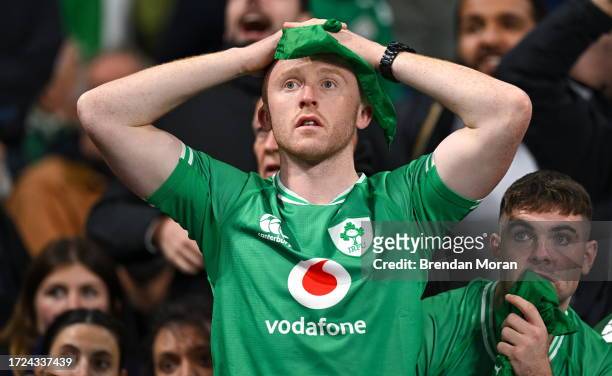 Paris , France - 14 October 2023; Ireland supporters during the 2023 Rugby World Cup quarter-final match between Ireland and New Zealand at the Stade...