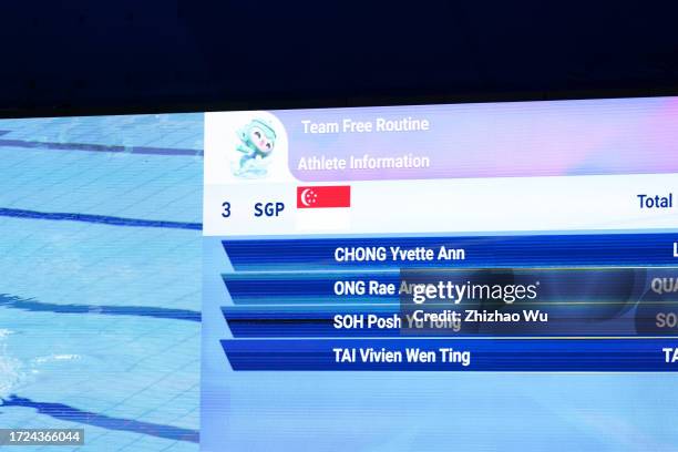 Athletes of Team Singapore compete during Team Free Routine of Artistic Swimming of The 19th Asian Games day 15 at Hangzhou Olympic Sports Centre...