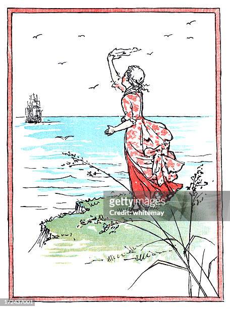 girl waving farewell to a sailing ship - handkerchief stock illustrations